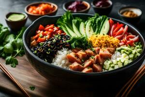 un' ciotola di asiatico cibo con Riso, verdure e carne. ai-generato foto