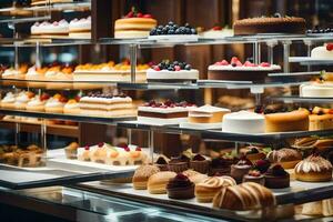 un' Schermo di torte e pasticcini nel un' forno. ai-generato foto