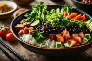 un' ciotola di Sushi con Riso, verdure e altro ingredienti. ai-generato foto