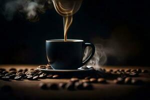 un' tazza di caffè è essere versato in un' piattino su un' buio sfondo. ai-generato foto