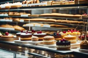 un' forno Schermo con molti diverso tipi di pasticcini. ai-generato foto