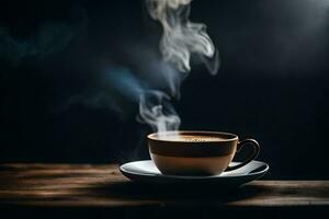 un' tazza di caffè su un' di legno tavolo. ai-generato foto