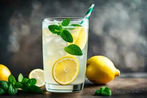 limonata con menta le foglie e limoni su un' di legno tavolo. ai-generato foto