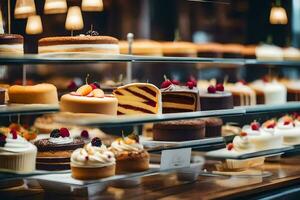 molti diverso tipi di torte siamo su Schermo nel un' forno. ai-generato foto