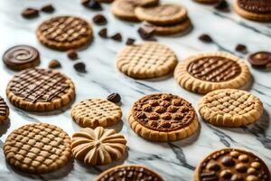 un' varietà di biscotti e biscotti su un' marmo contatore. ai-generato foto