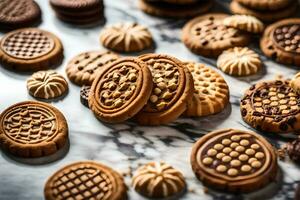 un' varietà di biscotti siamo disposte su un' marmo superficie. ai-generato foto