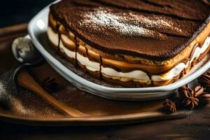 un' cioccolato torta con crema e cannella su un' piatto. ai-generato foto