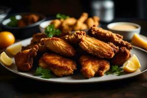 un' piatto di fritte pollo con Limone cunei e immersione salsa. ai-generato foto