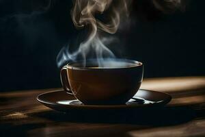 un' tazza di caffè su un' buio tavolo. ai-generato foto