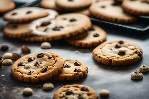 cioccolato patata fritta biscotti su un' cottura al forno vassoio. ai-generato foto