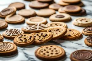 un' collezione di biscotti su un' marmo contatore. ai-generato foto