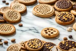 un' varietà di biscotti e biscotti su un' marmo superficie. ai-generato foto