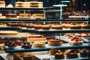 molti diverso tipi di torte siamo su Schermo nel un' forno. ai-generato foto