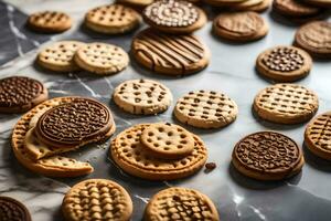 un' varietà di biscotti e biscotti su un' marmo superficie. ai-generato foto