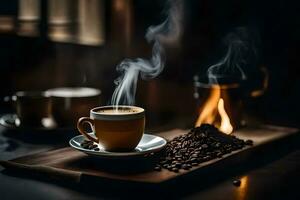 caffè fagioli su un' vassoio con vapore. ai-generato foto