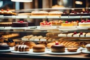 un' Schermo Astuccio pieno con vario tipi di pasticcini. ai-generato foto