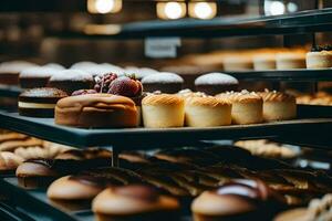 un' forno Schermo con molti diverso tipi di pasticcini. ai-generato foto