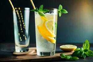 Due bicchieri di limonata con menta le foglie e limoni. ai-generato foto