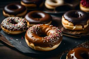 un' gruppo di ciambelle con cioccolato glassa e spruzzatori. ai-generato foto