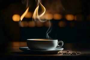 un' tazza di caffè con un' fuoco nel il sfondo. ai-generato foto