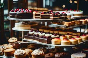 un' Schermo di torte e pasticcini su un' tavolo. ai-generato foto