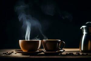 caffè tazza e caffè fagioli su un' di legno tavolo. ai-generato foto