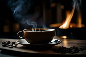 un' tazza di caffè con un' fuoco nel il sfondo. ai-generato foto