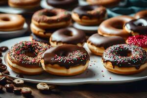 un' piatto di ciambelle con cioccolato Smalto e spruzzatori. ai-generato foto