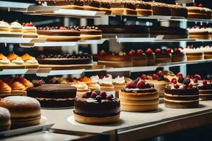 un' forno Schermo con molti diverso tipi di torte. ai-generato foto