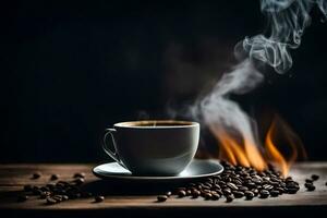 caffè fagioli e un' tazza di caffè su un' di legno tavolo. ai-generato foto