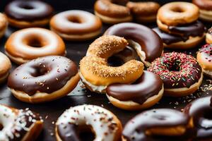 un' mazzo di ciambelle con cioccolato e spruzzatori. ai-generato foto