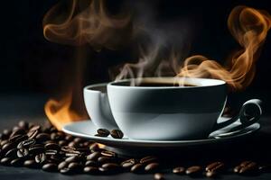 caffè fagioli e un' tazza di caffè su un' nero sfondo. ai-generato foto