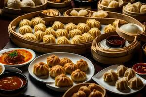 un' tavolo pieno con Ravioli e altro cibo. ai-generato foto