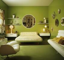 verde tappezzato camera con bianca arredamento. un' rinfrescante combinazione di verde muri e elegante arredamento. ai generato foto