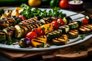 grigliato verdure su spiedini con erbe aromatiche e verdure. ai-generato foto