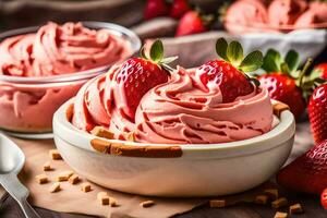 un' ciotola di fragola ghiaccio crema con un' cucchiaio. ai-generato foto