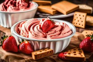 fragola ghiaccio crema con biscotti e cracker azione foto. ai-generato foto