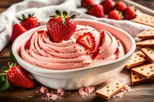 fragola torta di formaggio tuffo nel un' ciotola con cracker. ai-generato foto