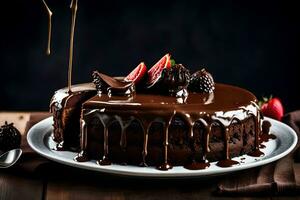 un' cioccolato torta con fragole e cioccolato piovigginato su superiore. ai-generato foto