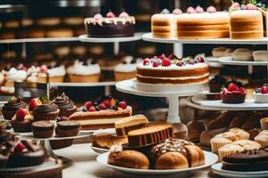 molti diverso tipi di torte e pasticcini su Schermo. ai-generato foto