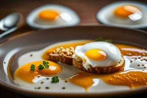 un uovo su crostini con un' cucchiaio. ai-generato foto