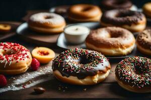 un' varietà di ciambelle siamo su un' tavolo. ai-generato foto