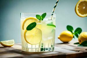 un' bicchiere di limonata con menta le foglie e limoni. ai-generato foto