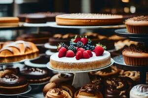 un' varietà di torte e pasticcini su Schermo nel un' forno. ai-generato foto