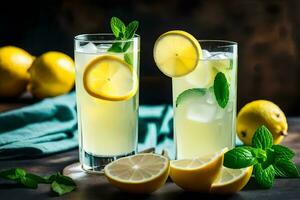 Due bicchieri di limonata con menta le foglie e limoni. ai-generato foto