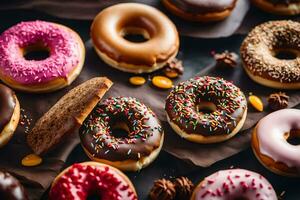 un' varietà di ciambelle siamo disposte su un' tavolo. ai-generato foto