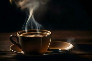 un' tazza di caffè su un' di legno tavolo. ai-generato foto