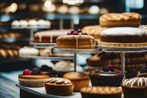 molti diverso tipi di torte siamo su Schermo nel un' forno. ai-generato foto