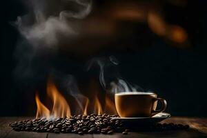 caffè fagioli e un' tazza di caffè su un' di legno tavolo. ai-generato foto