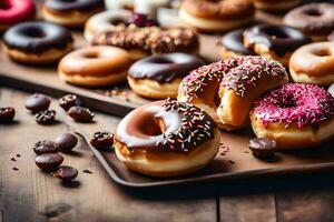 un' varietà di ciambelle su un' di legno tavolo. ai-generato foto